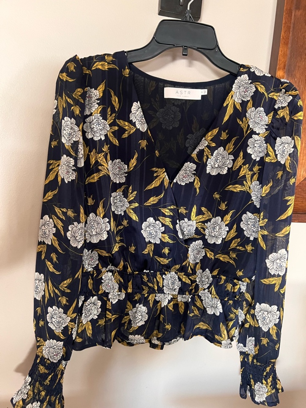 ASTR Navy Floral V-Neck Blouse with Leaf Accents
